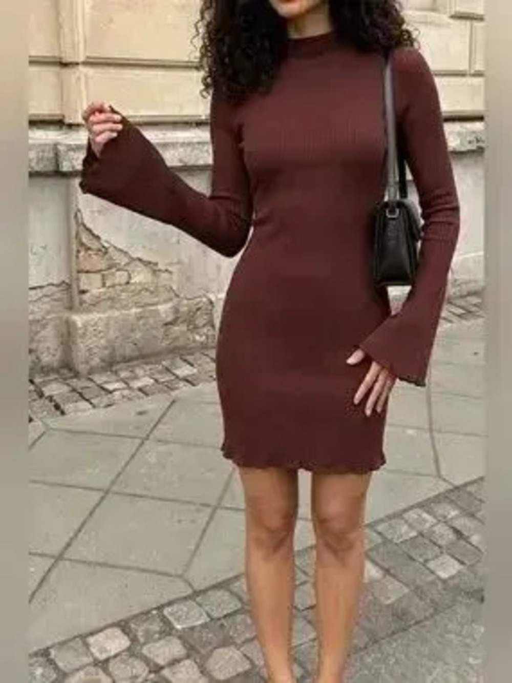 Mock Neck Ribbed Knit Bodycon Mini Dress - Picture 6 of 7